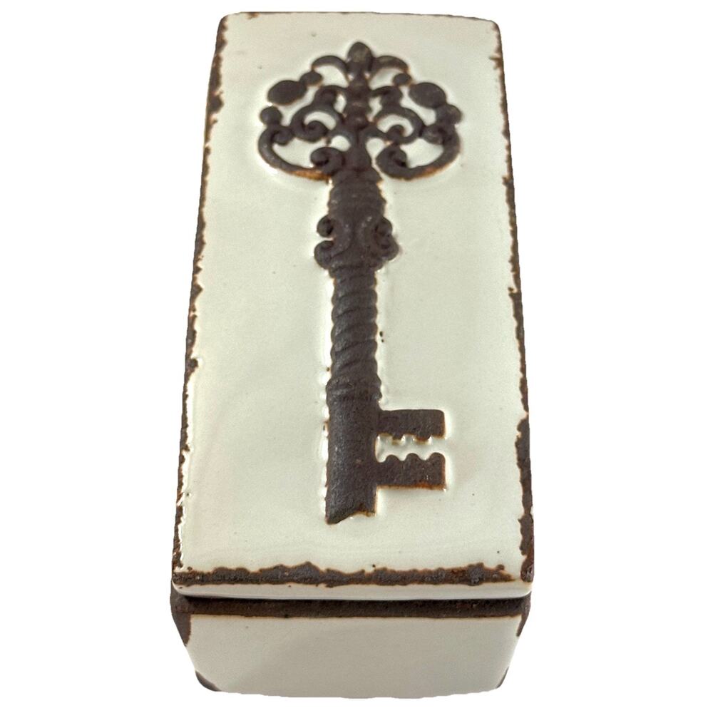 Pier 1 Imports Ceramic Box w/ Cast Iron Key Lid Rustic Decorative Storage